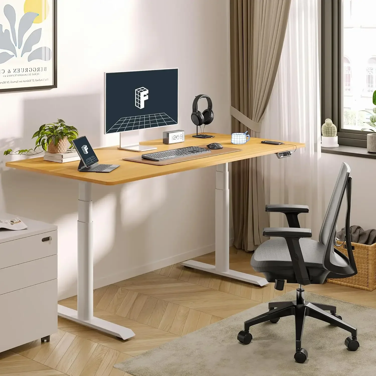 Dual Motor 3 Stages Standing Desk 55x28 Inch Oval Leg Whole-Piece Board Electric Height Adjustable Desk