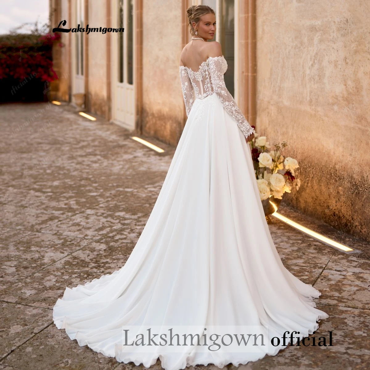 Schulterfreies, langärmliges Spitzen-Hochzeitskleid, rückenfrei, mit hohem Schlitz, aus Chiffon, A-Linien-Schnitt, Brautkleid mit Schleppe, Vestido De Novia, nach Maß gefertigt. – Detail 6