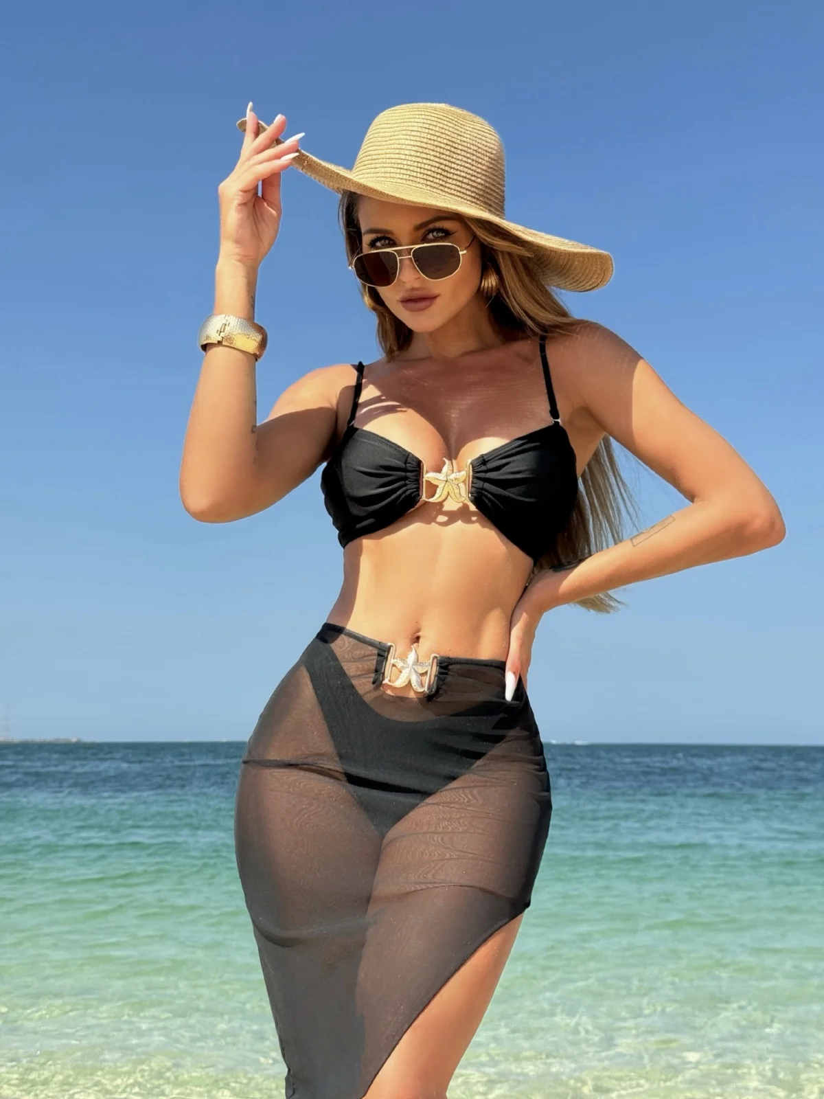 Conjunto de Bikini de 3 piezas con falda blanca y negra para mujer, traje de baño Sexy con adorno de estrella de mar, traje de baño de cintura alta con realce, traje de baño para playa 2025