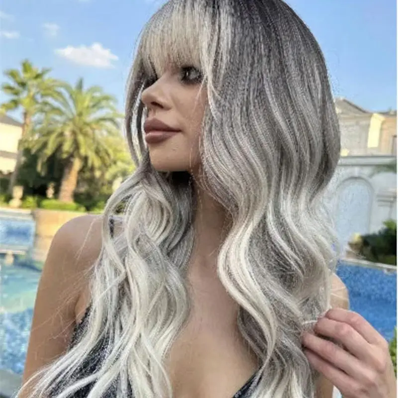 Long Body Wave Lace Frontal Wigs Ash Blonde Natural Women Wig with Bangs Soft Synthetic Hair Glueless Top Grade Swiss Lace Wig