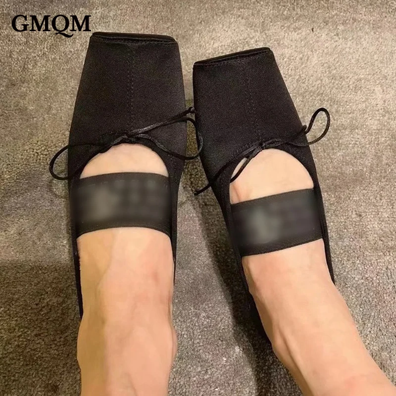 GMQM Fashion Mary Jane Ballet Flats Women Shoes Silk Satin Ballet Comfortable Soft Square Toe 2023 Bowknot Cute College Student