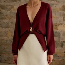 Women's Fashion Button Knitted Cardigan Vintage V Neck Full Sleeve Cropped Sweater 2024 Autumn Elegant Lady Knitting Jumper Coat