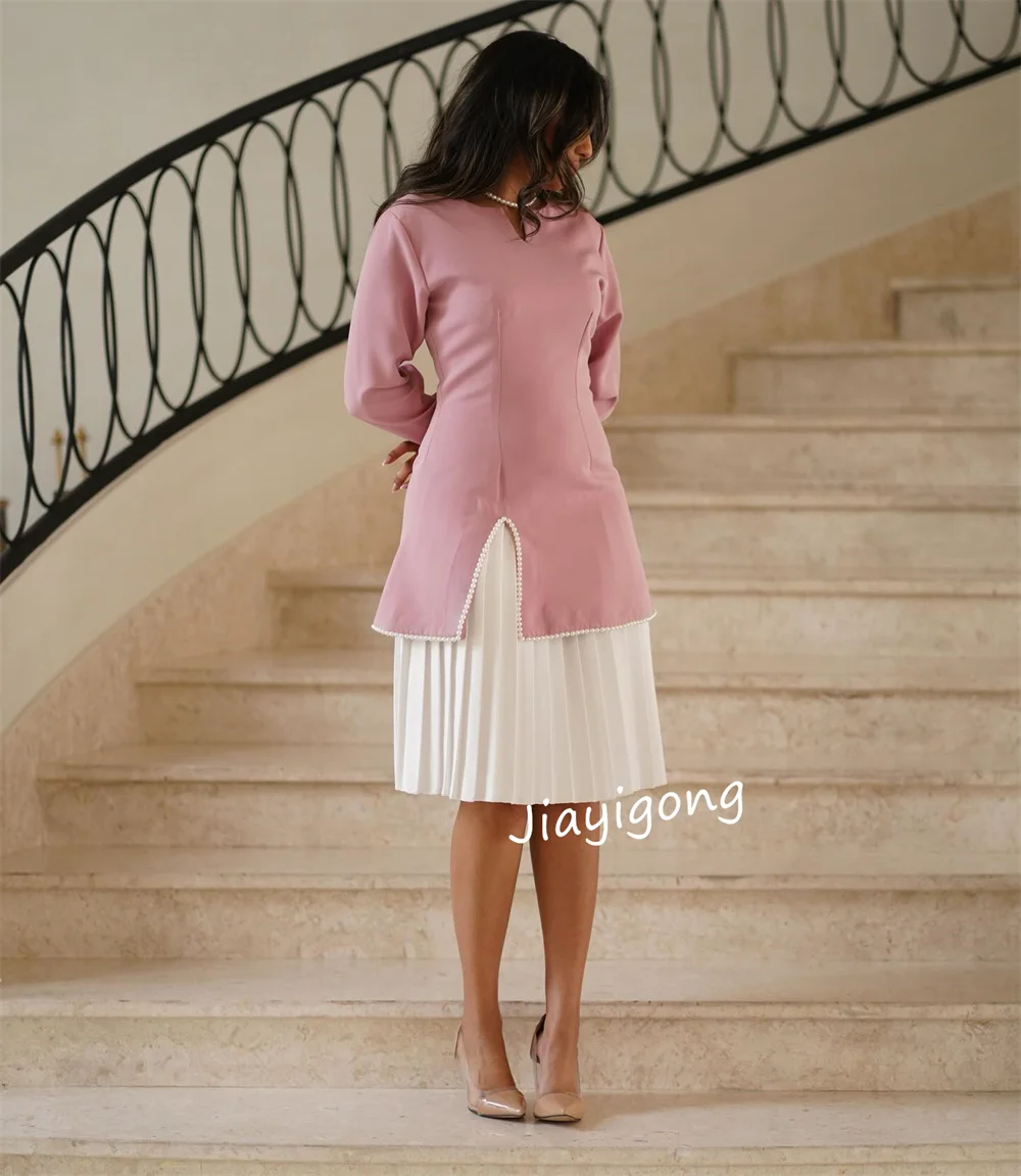 Vestidos formales personalizados con pliegues de Jersey, corte en A, cuello redondo, hasta la rodilla, ocasión a medida, Pastrol de estilo chino