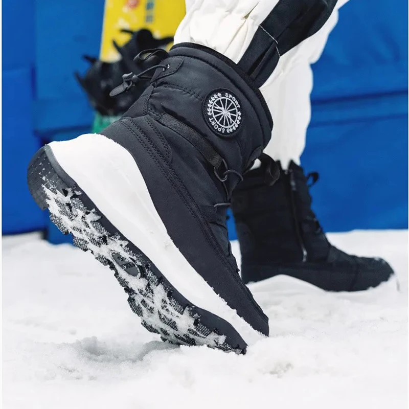 Stivali da neve da uomo Caldi stivali da neve invernali in peluche Antiscivolo Stivali da esterno impermeabili in cotone Cerniera laterale Scarpe da sci maschili Marca