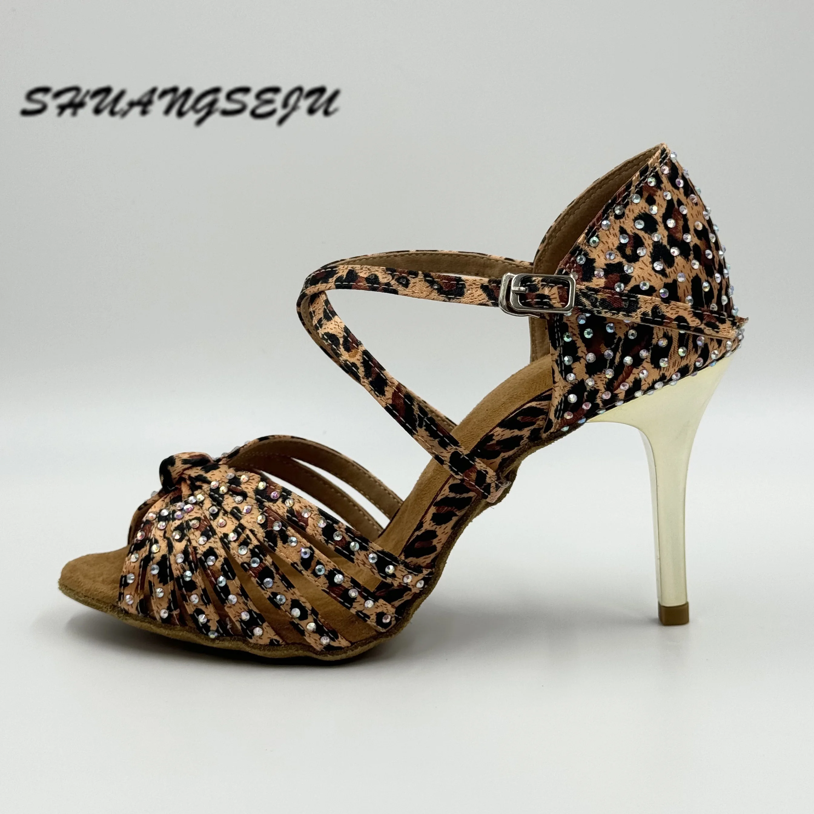 

SHUANGSEJU Leopard Print Sexy Latin Dance Shoes with Shiny Rhinestones Salsa Ballroom Dance Shoes Bachata High Heel Dance Shoes