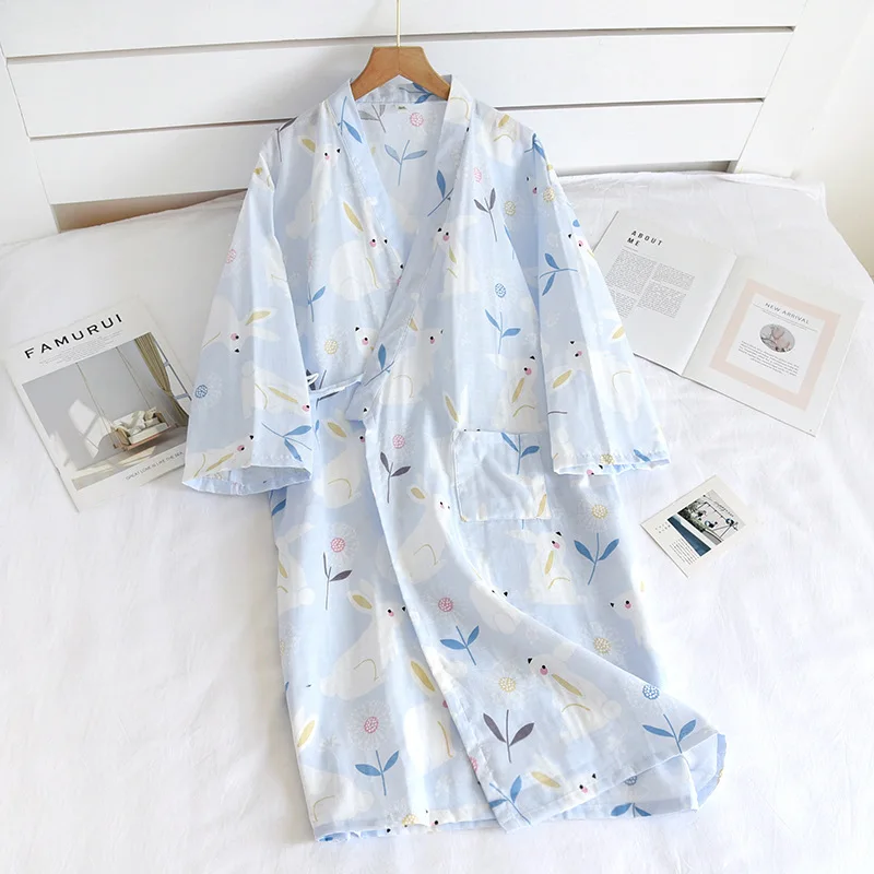 Áo Váy Bầu Cotton Kimono Pyjama Nữ Áo Dây Ba Phần Tư Nhà Gạc In Áo Đầm Xếp Ly Bathrob Sexi Đồ Ngủ