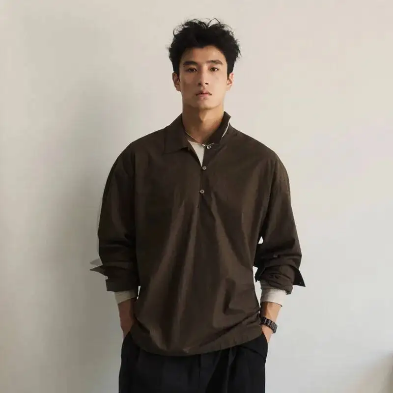 WVGA Spring Summer New Men Half-button Placket Pullover Style Turn-down Collar Trendy Shirt Niche Brushed Cotton Tops Ins W25672