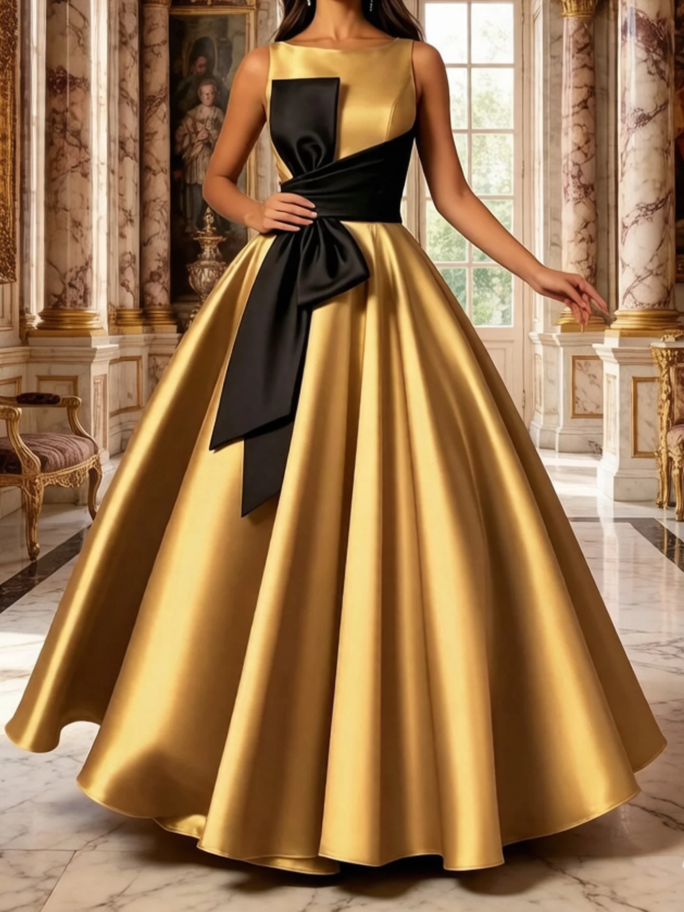 Vestido de satén para mujer, de talla grande, sin mangas, con cuello redondo, largo hasta el suelo, con un gran lazo en la cintura, corte en línea A, ideal para eventos formales, fiestas de noche, bodas y celebraciones.
