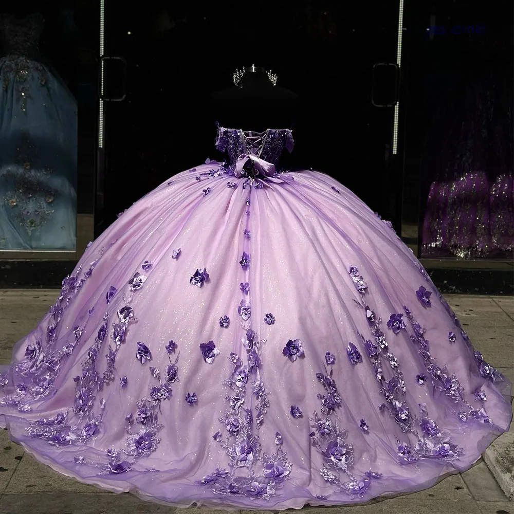 Elegant Lilac Quinceanera Dress Ball Gown Pink Sequins Lace Applique Beading Bow Corset Sweet 16 Vestido De 15 Anos