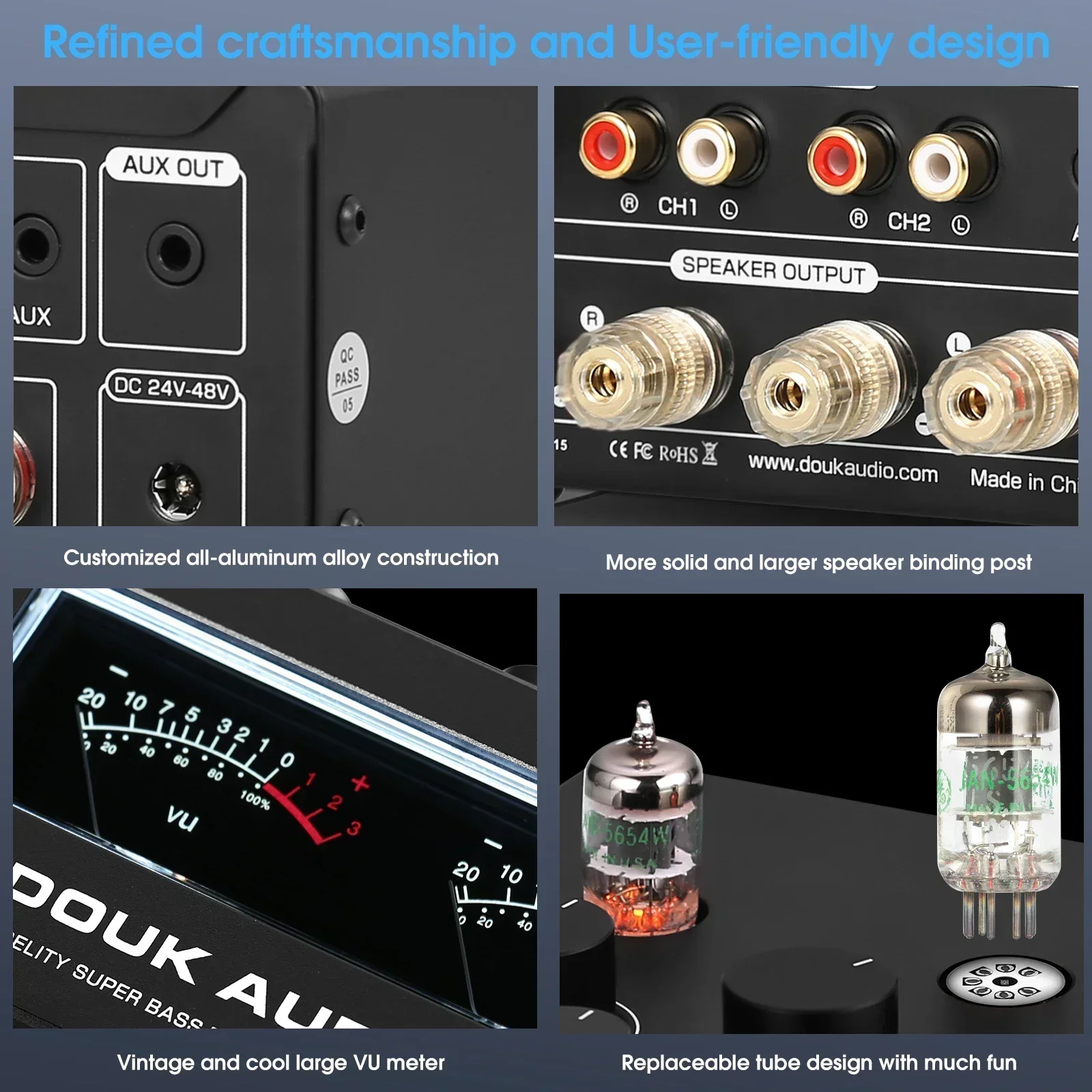 Douk Audio T6PRO HIFI TPA3255 Tube Amplifier  Bluetooth JAN5654 Vacuum Tube Power Amp 300W+300W with VU Meter