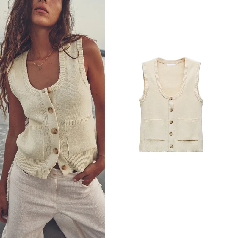 

Spring New Loose Knitted Vest round Ne Open Cardigan Sle Polyester Fiber Patch ket Decorated Single Button Closure