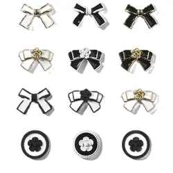 10pcs Black White Bowknot Nail Art Charms 3D French Luxurious Metal Alloy Bows With Flower Nail Rhinestone DIY Nail Accessories