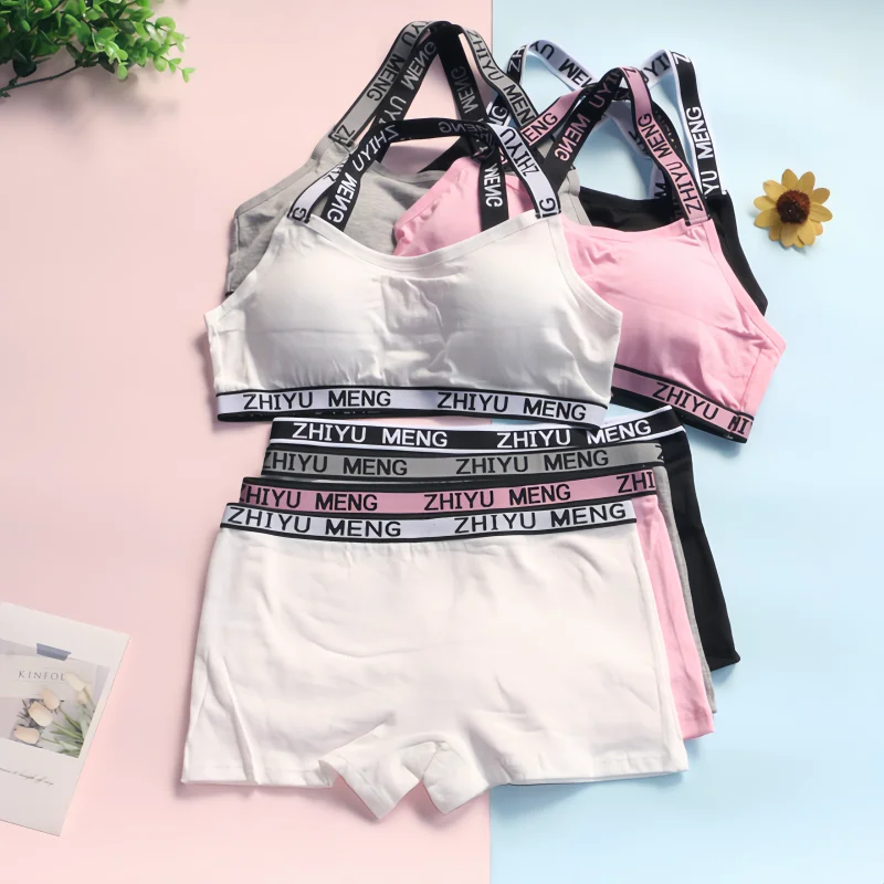 Nuevo Conjunto de sujetadores y bragas de entrenamiento para chicas adolescentes, ropa interior deportiva de algodón para niños y pubertad, camisola para estudiantes y niños
