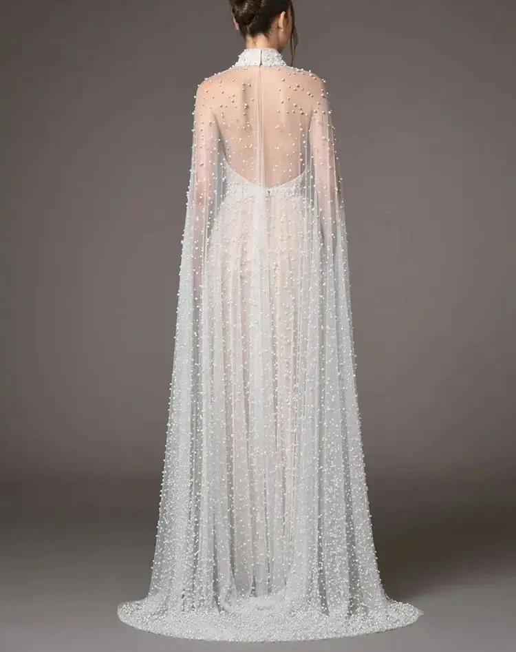 European and American temperament heavy industry mesh pearl nail pearl long dress evening dress