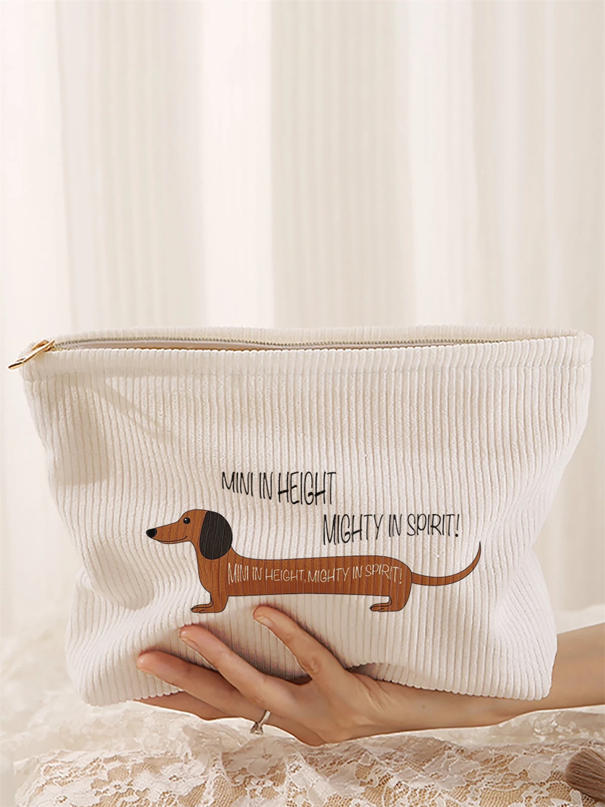 Trousse de maquillage en velours côtelé imprimé motif chien saucisse, boîte de rangement de maquillage légère à fermeture éclair, sac multifonctionnel avec doublure