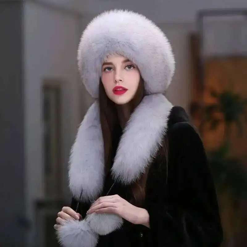 Fox Fur Hat Women Winter Fashion Scarf Hat Warm Ear Protection Cap Female Thick Warm Fur Hats Russians Outdoor Natural Fur Caps