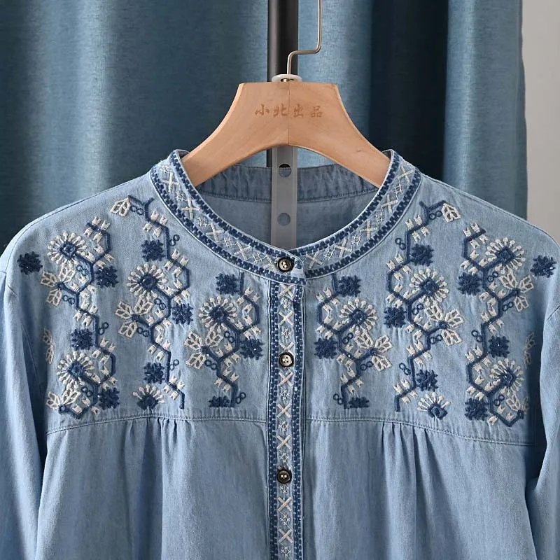 New Spring Cotton Denim Shirt Women O-Neck Long Sleeve Tops Girl Retro Embroidery Commute Loose Blouse 2024 Autumn Coat T43740QM