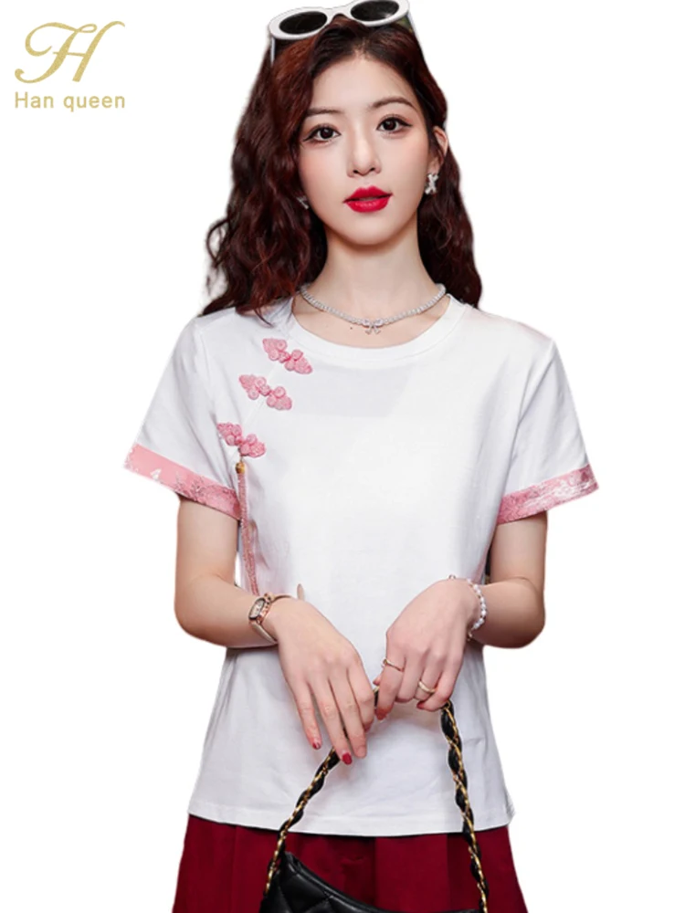 H Han Queen 2024 Summer Tops Simple Office Short Sleeve Blouse Female T-Shirts Casual Korean OL Loose Blouses Women\'s Clothing