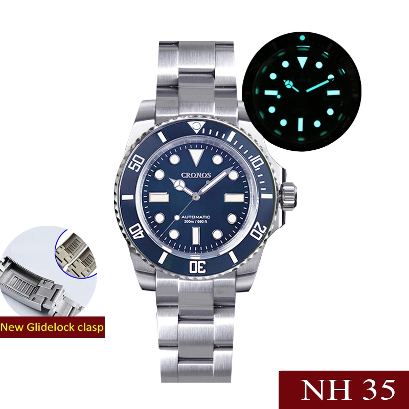 CRONOS Herren-Automatikuhren, luxuriöse mechanische Armbanduhr BGW9, leuchtender Taucher, 200 m wasserdicht, Saphir NH35, Glidelock-Verschluss