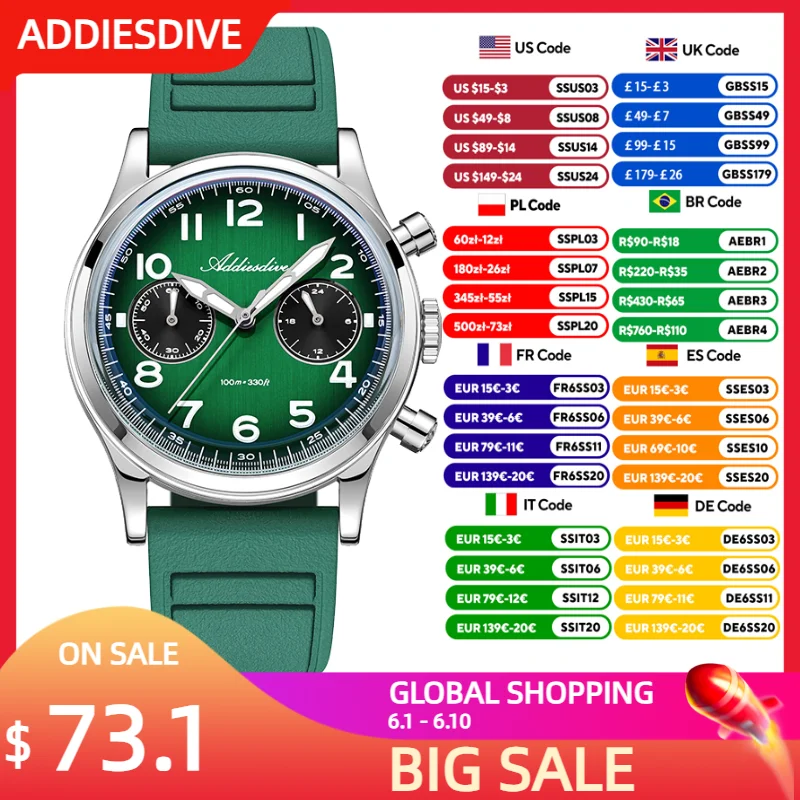 ADDIESDIVE 38mm Men's Quartz Watch Top Brand K1 Bubble Luminous Chronograph Watches 100m Waterproof High-End Sports Men Watch