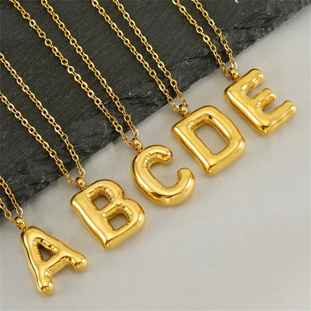 New A-Z Bubble Letter Necklace For Women Girls Balloon Initial Necklaces Stainless Steel Jewelry Men Puffy Name Alphabet Pendant