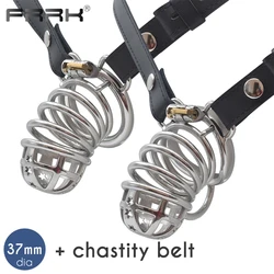 FRRK dia 37mm Stainless Steel Male Chastity Cage Device with Strap Belt Big Long Penis Rings BDSM Couple Sex Toys for Man