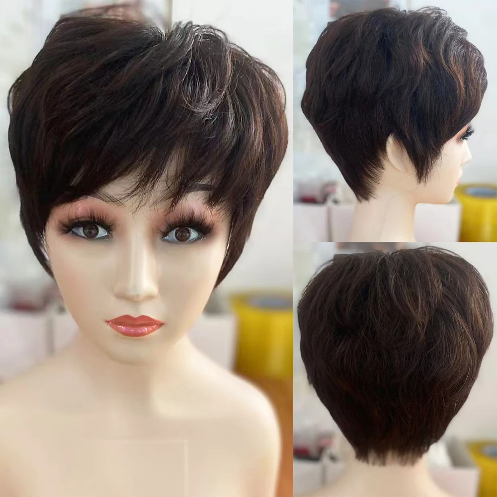 Brown Wave Curly Wig Glueless Short Hair Wig Hand Tied  Pixie Cut Silk Top Breathable Wig Full Lace Human Hair Wig for Women