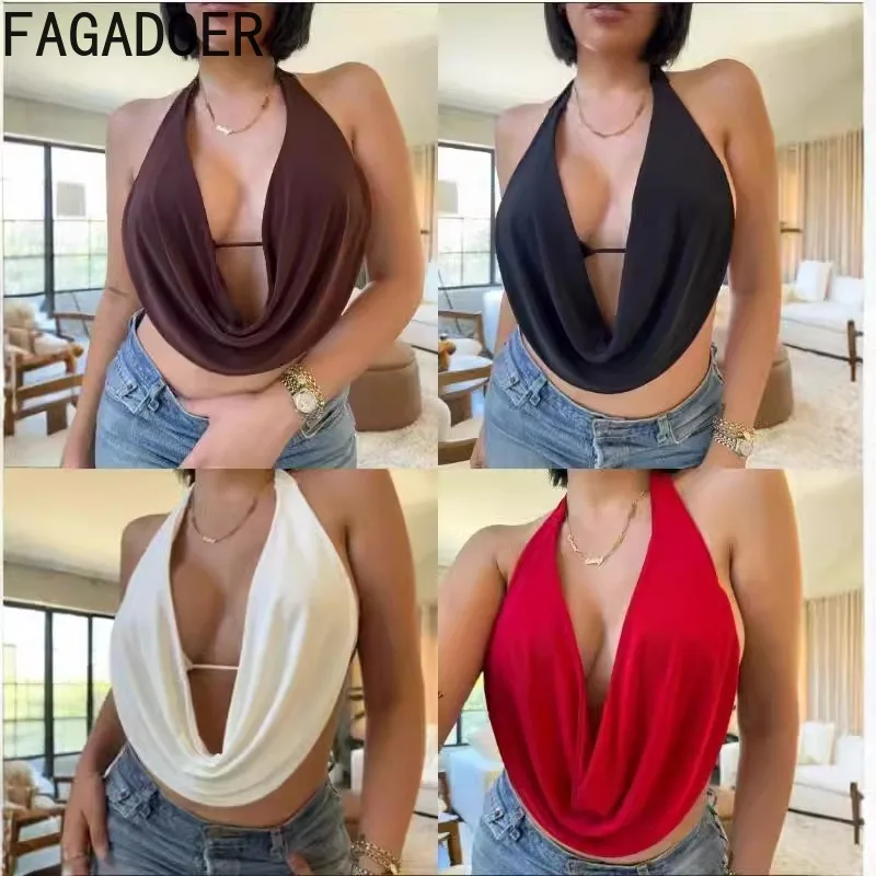 

FAGADOER Summer New Sexy Ruched Patchwork T-shirt Women Solid Color Halter Deep V Neck Sleeveless Top Female Streetwear Clothing