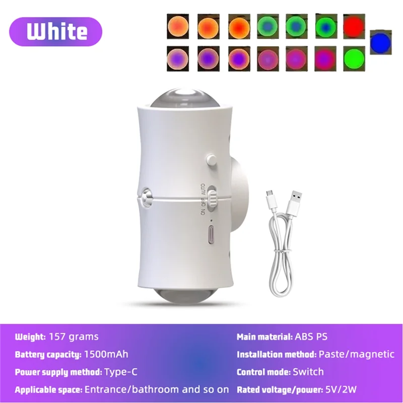 ABBO-USB قابلة للشحن المزدوج رئيس RGB وحدة إضاءة LED جداريّة مصباح محس حركة ضوء الليل 7 ألوان لغرفة النوم المدخل الدرج