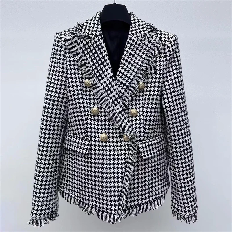 

Women's jacket New autumn 2025 double breasted slim fit long sleeved top Thousand bird plaid tweed suit jacket y2k Women's coat