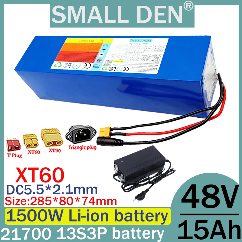 New 48V 15ah 13S3P 21700 lithium battery pack with built-in BMS electric too 1500W power motor rechargeable battery+2A charger