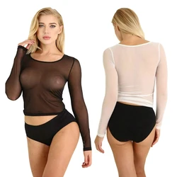 Camiseta Sexy transparente de malla para mujer, Body de manga larga, cuello alto, Top corto de tul, blanco y negro