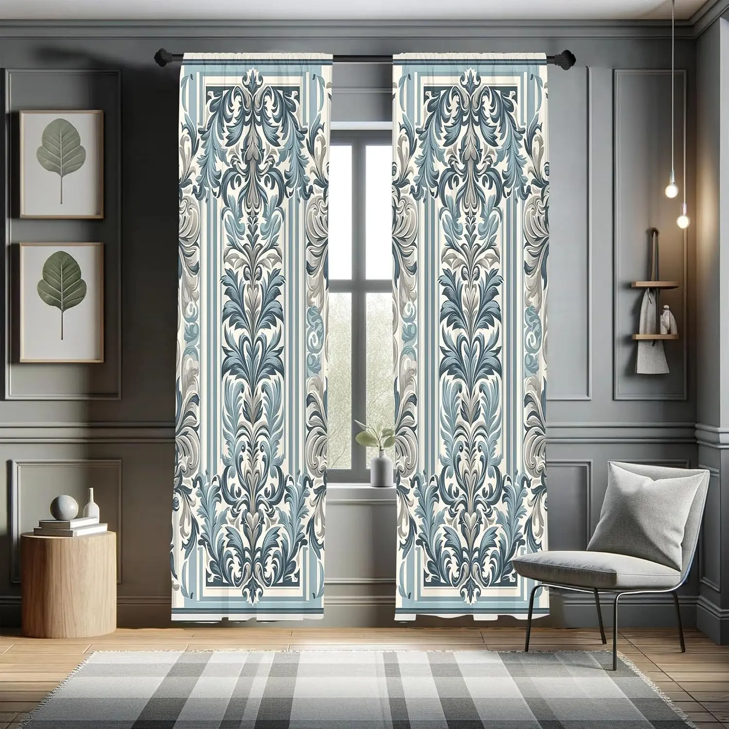 

Ambesonne Victorian Window Curtains, Cold Tone Curlicue Leaves with Baroque Artwork with Stripes Cultural, Lightweight Decor 2-P