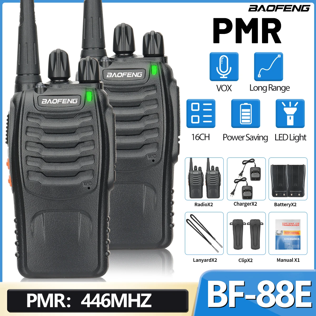 2PCS BAOFENG BF-88E Portable Wireless Handheld Long Range Walkie Talkie 446MHz 16CH PMR Ham Two Way Radio for Hunting Camping