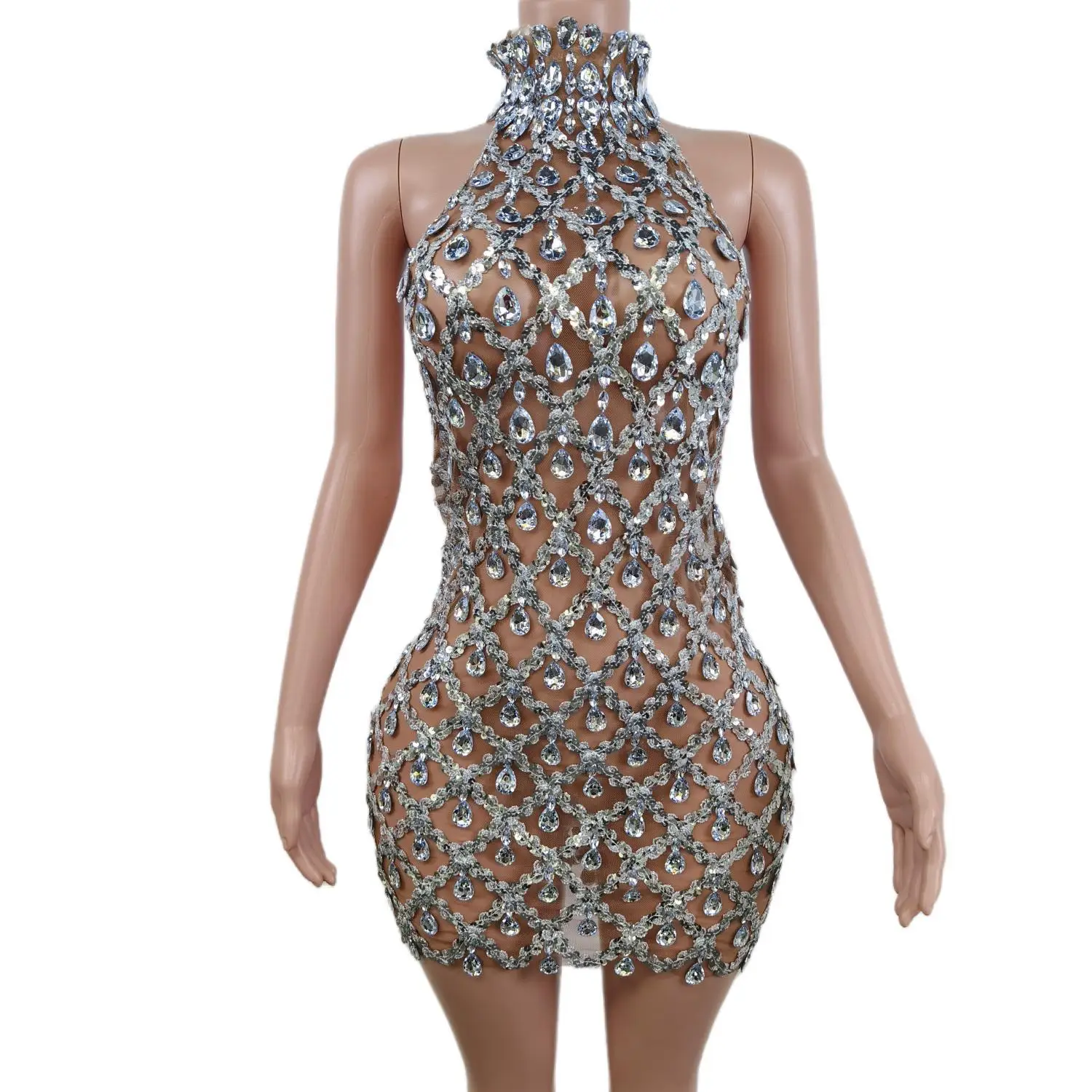 

New Trend Product Sparking Diamonds Gorgeous Dress High Neck See Through sexy Cocktail Dresses for Prom Party Y2301009