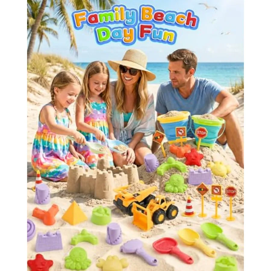 30PCS Beach Toys for Ages 3-10, All-in-One Sand Toys Set with 2 Collapsible Buckets, Shovels, Trucks and Molds, Keep Busy for H