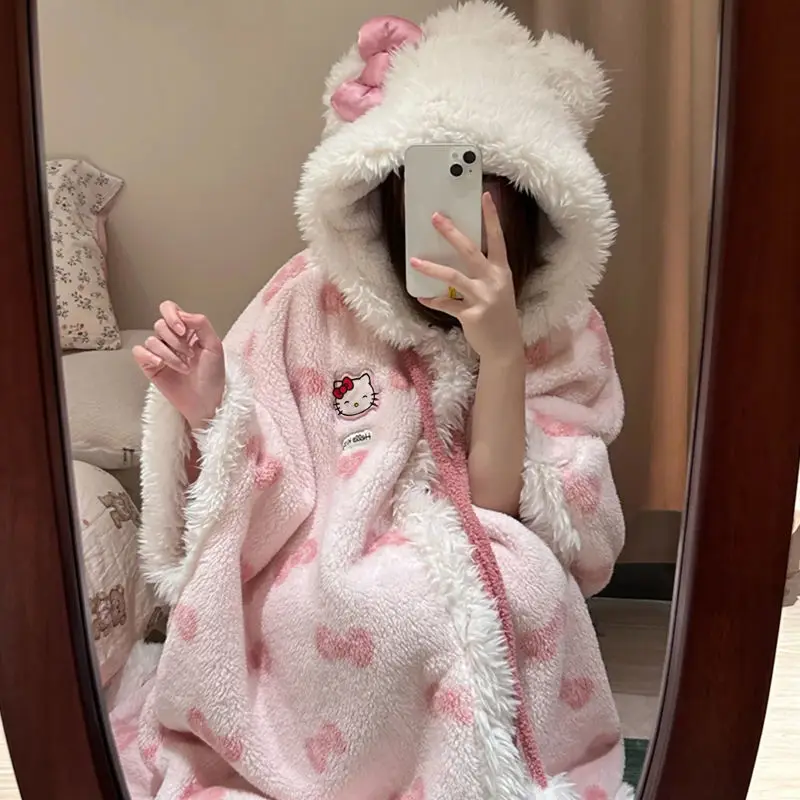 Plush Cute Sweet Cloak Hooded Nightgown, Women's Hello Kitty Winter Sleepwear 2 Pcs Pajamas Sets Plush Thick Cloak For Warmth