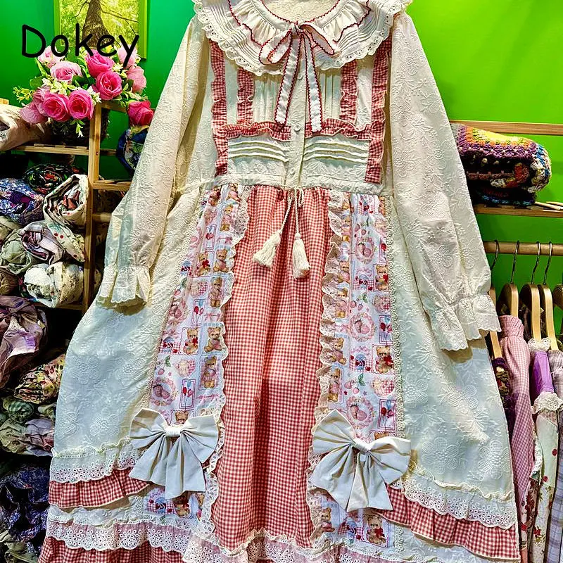 

Винтажное платье Лолита с вышивкой, кружевом и оборками, с длинными рукавами, женское, с воротником-стойкой, на шнуровке, в стиле кавай, весеннее, свободное, пуловер, Vestidos