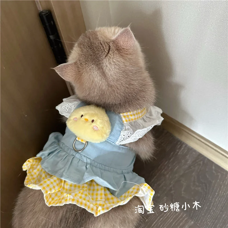 Little Yellow Chicken Dog Dress Denim Lace Strap Pull Buckle Pet Chest Strap Strawberry Panda Mimi Clothes