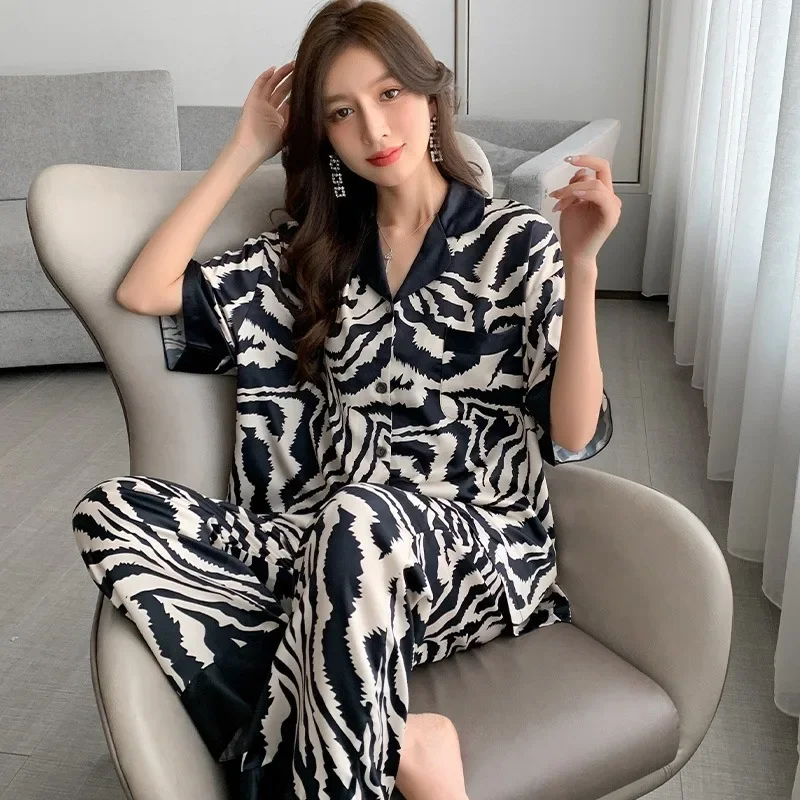 

Pajama Set Short Sleeve Long Pants Summer Homewear Women's Clothing Button Cardigan Casual Comfort Stylish Simple Breathable