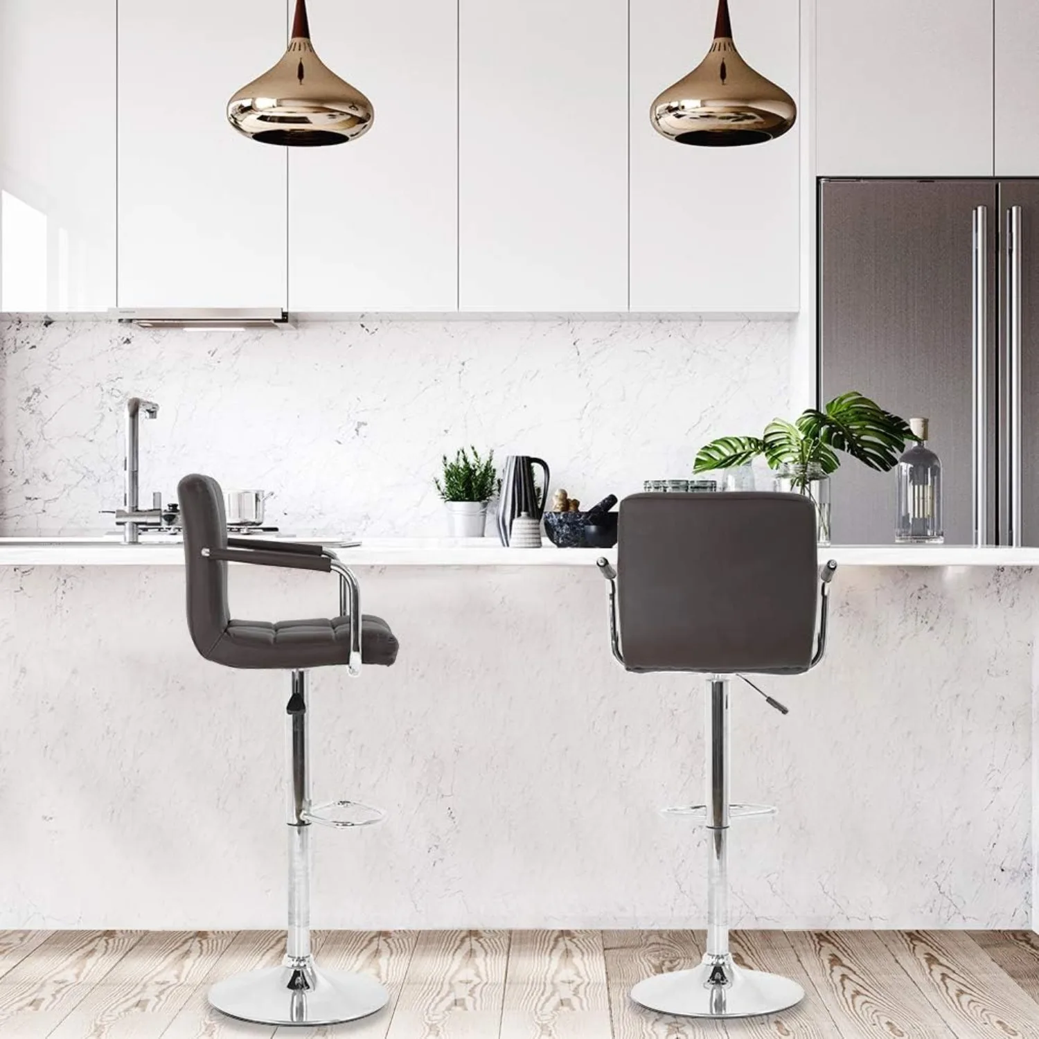 Set di 2 sgabelli da bar marroni - Sgabelli da cucina girevoli ad altezza regolabile con sedile in pelle PU per bar domestico e angolo colazione