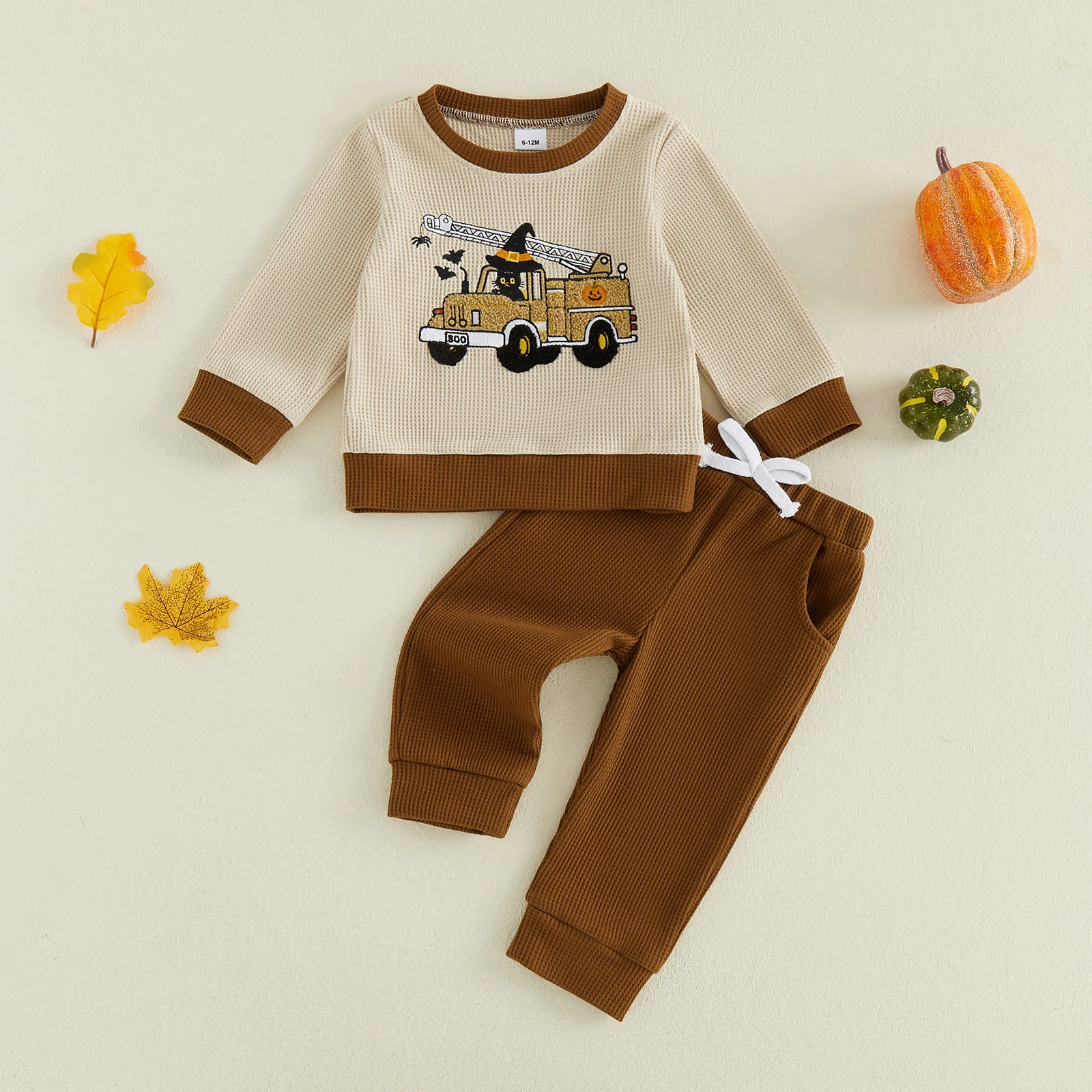 Little Boy Halloween Outfits Pumpkin Truck Embroidered Long Sleeve Sweatshirt and Pants 2Piece Waffle Set