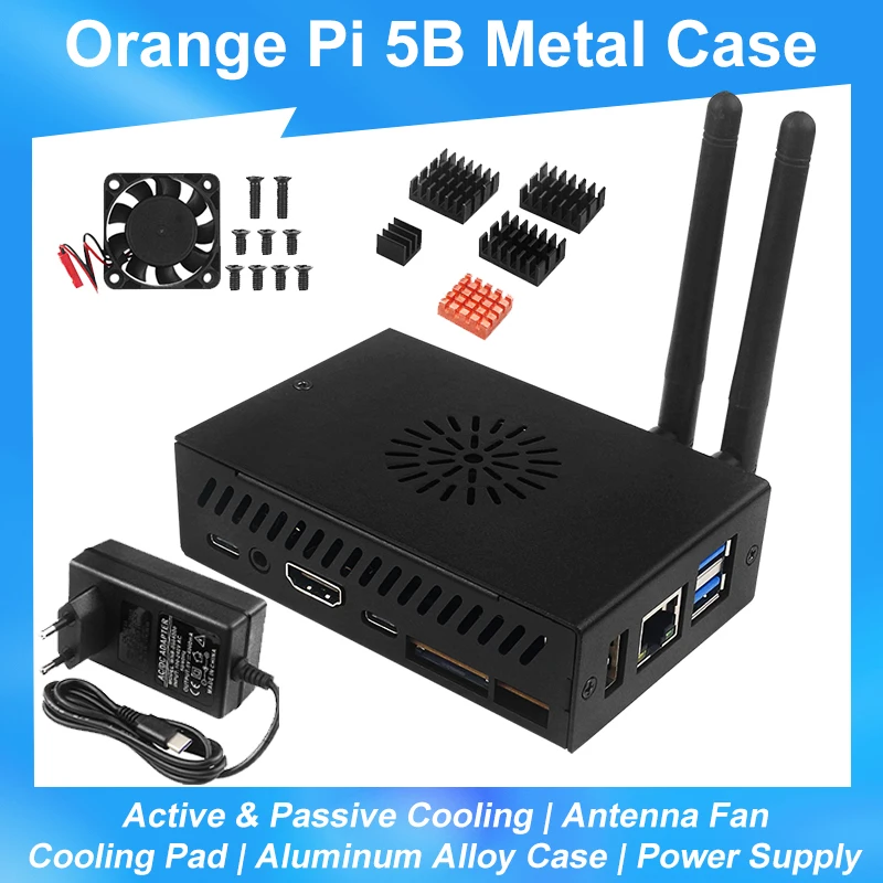 

Корпус из алюминиевого сплава Orange Pi 5B, активный и пассивный охлаждающий металлический корпус с антенной, защитная коробка вентилятора для Orange Pi 5B