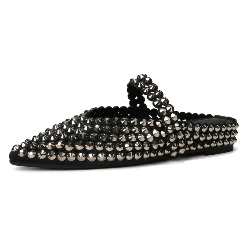 

Glitter Rhinestone Mules Flat Slippers Women Luxury Designer Sandals for Women Mary Jane Shoes Brand Diamond Pointed Toe Slides