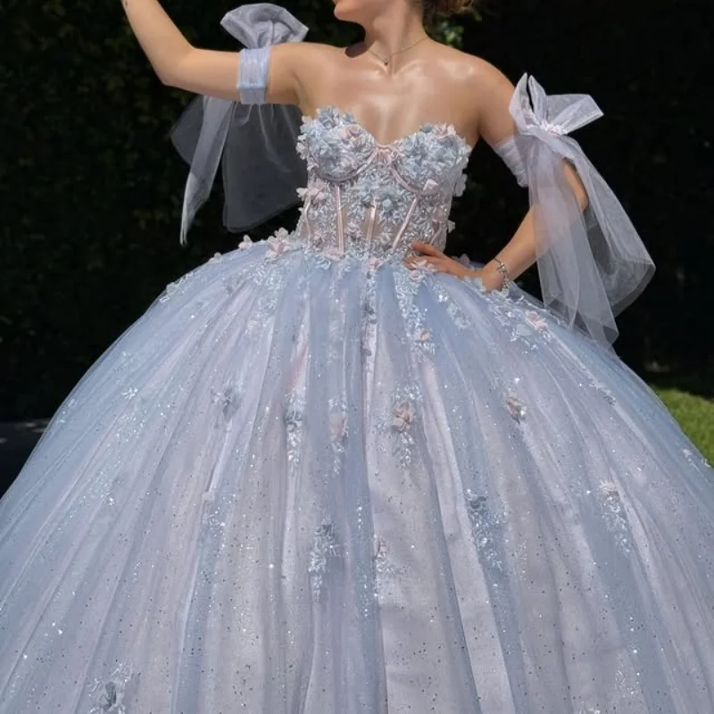 

Shiny Light Color Quinceanera Dress off-shoulder Glitter Decal 3D Flower Long tail Vestidos De 15 Quinceanera ﻿Customize