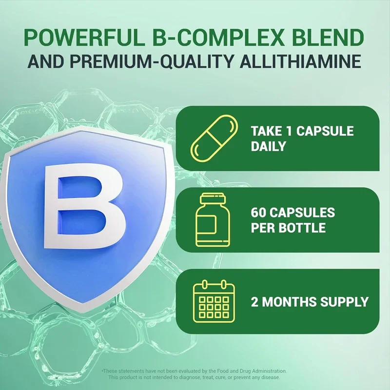 Eight Natural Vitamin B1, B6, B12 Complex Supplements, Including Thiamine, Niacin, Folic Acid, Magnesium, Etc. -60 Capsules