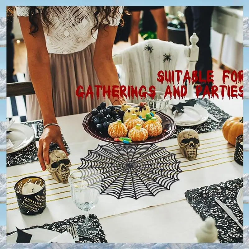 2025 Hot Style 12Pcs 15Inch Halloween Spider Web Placemats 3.94Inch Cup Mat Halloween Placemats Spider Web Table Mats