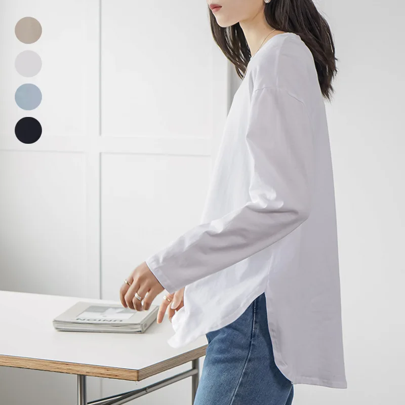 

Японская рубашка Rakuten на весну и осень, женская базовая рубашка с длинными рукавами, однотонная, из чистого хлопка, модная, универсальная, с боковым разрезом, с внутренней частью