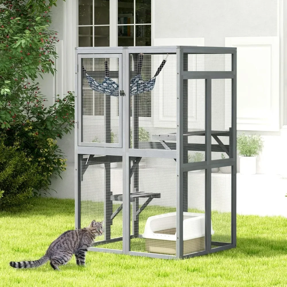 

Cat House, Outdoor Cat Enclosure Window Access, Wood Cat House Shelter, Kitty Cage with 3 Platforms for Patio Indoor, Cats Cages