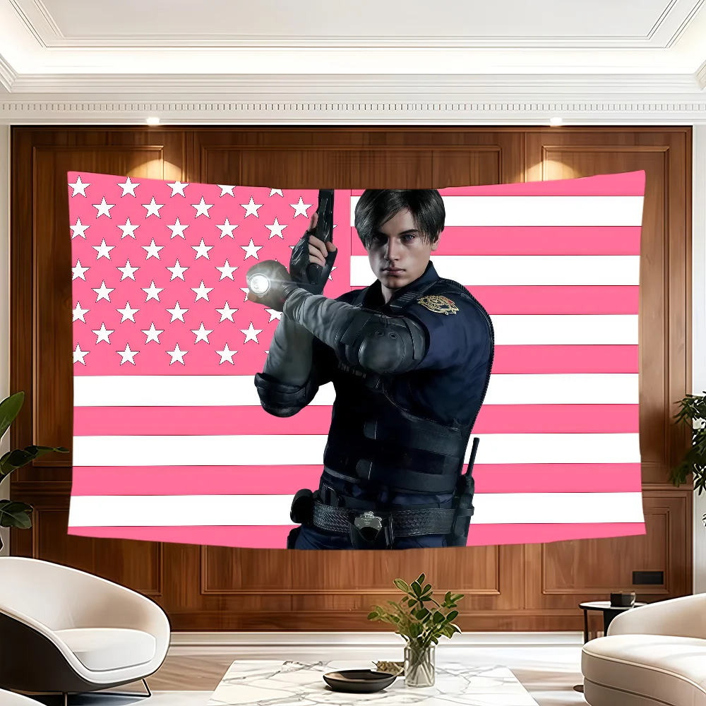 L-Leon Kennedy Pink American flag Room Decoration Wall Tapestry Hanging Aesthetic Bedrooms Advertising Banner
